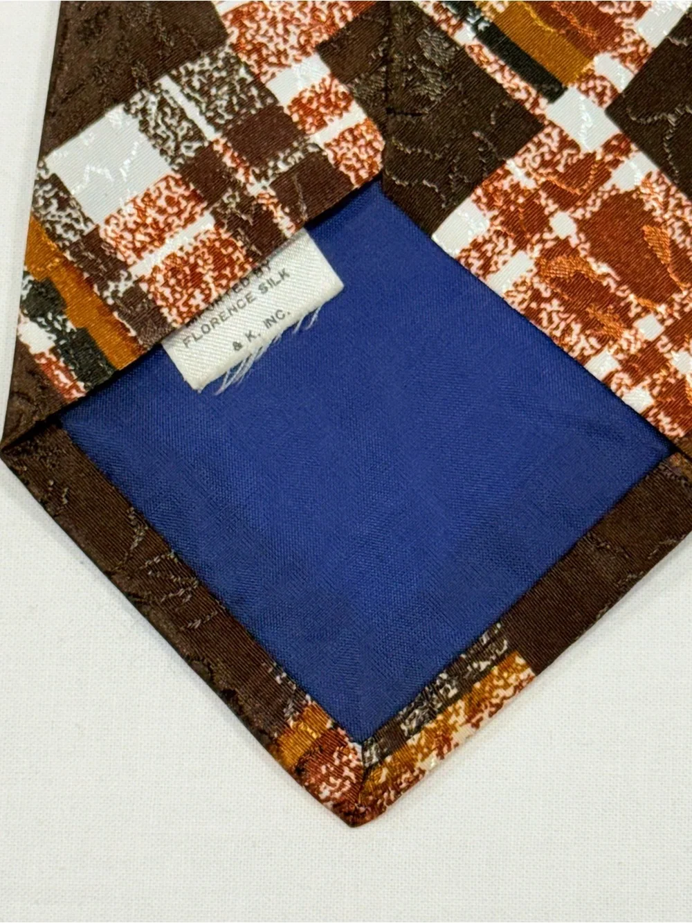 Vintage 70s Florence Silk Abstract Geometric Brown Gold‎ Silk Necktie